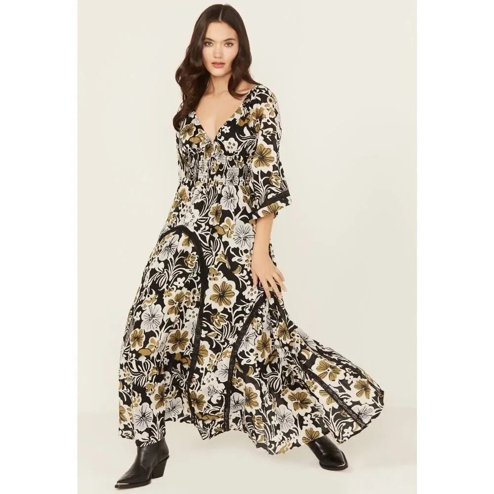 NWT Free People Dixie Floral Maxi Dress Black White Gold S 100% Cotton Boho Fall